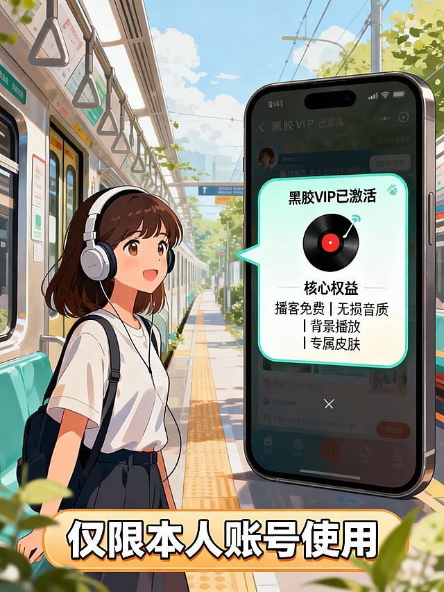 场景化竖图：左侧为女生戴耳机通勤插画，右侧为手机弹出“黑胶VIP已激活”通知；中间用气泡框列出核心权益：“播客免费｜无损音质｜背景播放｜专属皮肤”；底部加粗提示“仅限本人账号使用”。