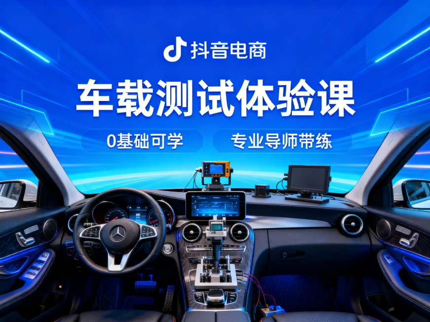 抖音店铺主图，画面主体为汽车驾驶舱内专业测试设备，搭配醒目的“车载测试体验课”标题，背景为科技感蓝色渐变，添加“0基础可学”“专业导师带练”小字卖点，整体风格醒目吸睛，符合抖音电商调性预览效果