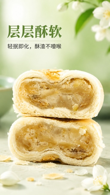 [第3屏] 产品卖点展示屏，突出茉莉花饼外皮酥软特点。本屏使用【图4】作为产品主体展示。
[氛围/风格] 微距食欲风，浅绿渐变背景，突出酥皮分层纹理，真实诱人。
[元素布局] 对半切开的两块茉莉花饼堆预览效果