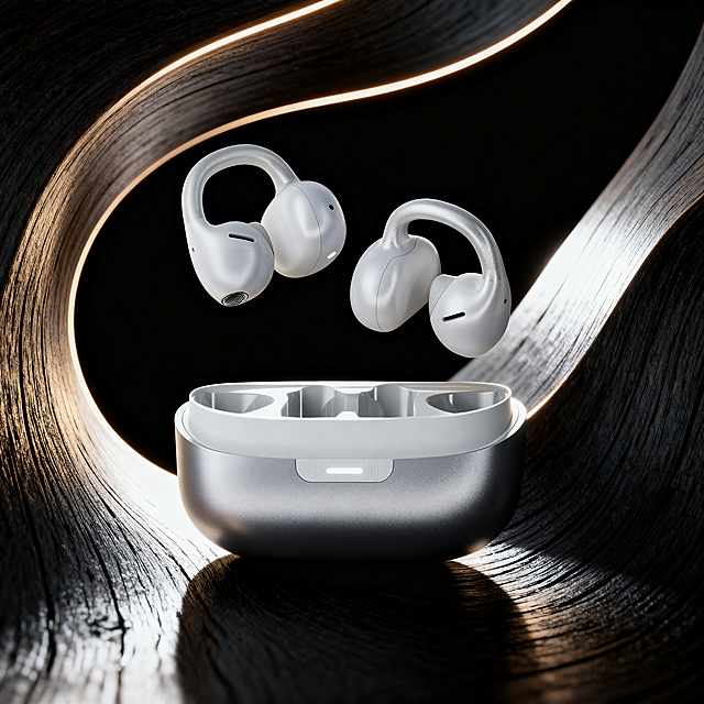 主体为蓝牙耳机和充电仓，保持产品主体物理结构不变，保留蓝牙耳机和充电仓所有组件，产品原造型不扭曲不改变。生成黑色系场景图，参考第二张图片的流畅木质线条、高级质感，相似度50%，提取参考图的流畅曲线背景、侧逆光光影，重构为黑色系版本，保留背景流畅木质曲面纹理，黑色低饱和度色调，添加边缘轮廓光，避免死黑。商业摄影，C4D渲染，OC光追，硬朗光效突出金属质感，清晰高光，前中后景层次，三分法构图，保持高级氛围感。负向提示词：塑料感、低模、噪点、平面化、缺失的部件、变形、文字、Logo变形、水印、死黑阴影、畸变透视、比例失调