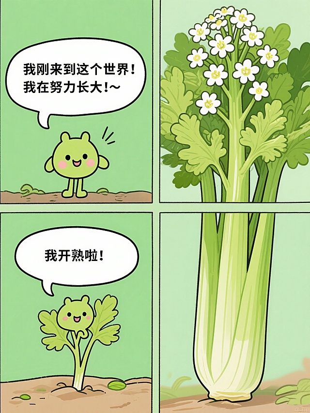 清新卡通风插画，芹菜成长历程，生动展现自然生机。