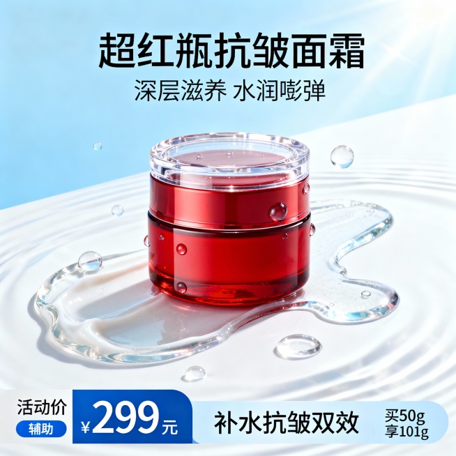 生成三张不同场景的面霜电商主图，价格“299元”，比例1:1，超红瓶 抗皱面霜 买50g享101g预览效果