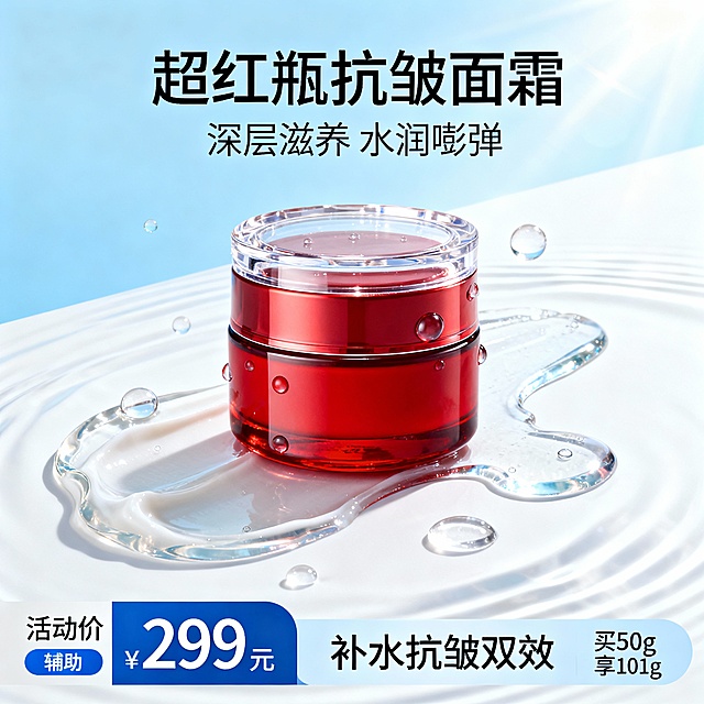 生成三张不同场景的面霜电商主图，价格“299元”，比例1:1，超红瓶 抗皱面霜 买50g享101g