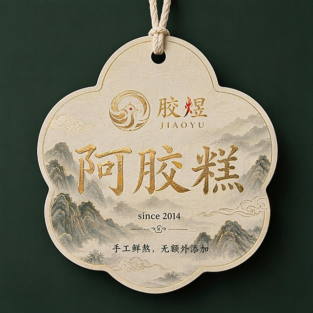 一张9×9cm四叶草形状的阿胶糕吊牌正面设计图，圆角边缘，顶部有圆孔穿米白色棉绳，铜版纸材质。配色参考墨绿色山水国风风格。上部是LOGO：鸟雀涡旋图形+"胶煜 JIAOYU"，其中"胶煜"二字为古金烫金效果，鸟的眼睛和"煜"字的火字旁为专色红色。中部大字"阿胶糕"为古金烫金效果。下部小字"since 2014"为专色深绿印刷。底部小字"手工鲜熬，无额外添加"为专色深绿印刷。背景是淡墨色山水云雾图案，有金色线条勾勒山形，点缀金色云纹。整体风格典雅国潮，高端质感，吊牌悬挂展示，深墨绿色背景衬托。