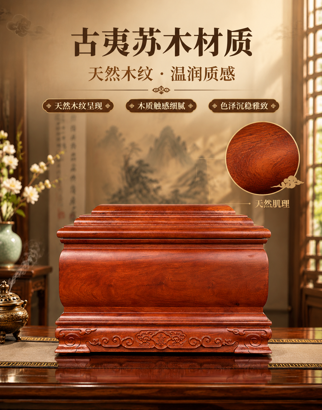 [主图-3 材质展示] 突出古夷苏木天然木纹与温润质感，展现材… - 图片创意预览