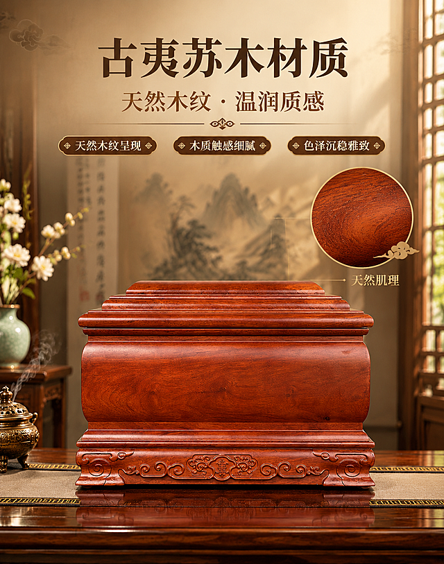 [主图-3 材质展示] 突出古夷苏木天然木纹与温润质感，展现材质品质。
[统一基调] 风格=东方传统美学商业摄影；主色=古夷苏木红棕木色；背景延展=暖棕渐变+中式厅堂场景；标题字=宋体衬线粗体；标题色=深棕近黑；辅助字色=中暖棕；强调色=暗金色；组件=圆角木色信息卡、细金线、传统纹样装饰；光影=左前侧暖柔光，侧逆光勾勒轮廓。
[画面] 产品侧面大面积展示木纹肌理，居中偏下，占画面约50%；右侧加入圆形放大镜细节框，放大展示木纹天然纹理；背景为中式厅堂，左侧青瓷花瓶与白色花卉，后方山水挂画虚化，右侧木格窗透进自然光；上方留白。
[光影质感] 商业摄影质感，侧光突出木材纹理起伏，木纹细腻清晰，表面温润有光泽，底部自然接触阴影。
[配色] 主色红棕木色，背景暖米棕浅渐变，强调色暗金用于放大镜边框与图标，整体暖调。
[文字版式] 上部主标题"古夷苏木材质"，副标题"天然木纹 · 温润质感"；下方3个卖点标签横排："天然木纹呈现""木质触感细腻""色泽沉稳雅致"；放大镜旁配"天然肌理"小字说明；所有文字横排。
[输出要求] 790×1000 竖版，4K，文字清晰可读，产品不变形不变色；负向：变形、错字、模糊、冷蓝背景、木纹失真、颜色改变、水印。