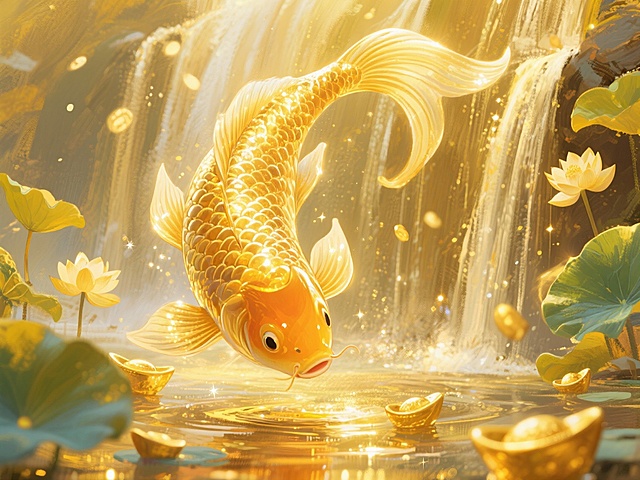 我想生成一个好运锦鲤的IP形象、背景中要有元宝、黄金、金色荷花，背景整体为金色流金瀑布、锦鲤是全身金色形象，动作旋转游动，全身发光，