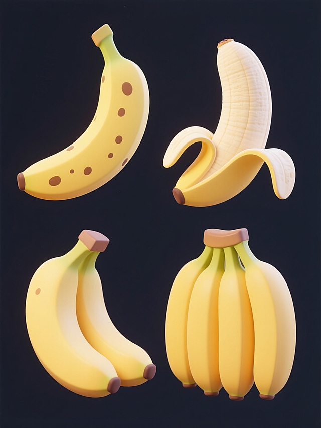 软3D风格的香蕉插画，包含四种不同形态的香蕉：完整带斑点的香蕉、完整光滑的香蕉、剥开一半露出果肉的香蕉、一串四根相连的香蕉，色彩明亮，采用圆润的线条和柔和的渐变，表面光滑细腻，带有轻微的立体感，整体构图简洁平衡，无文字元素。