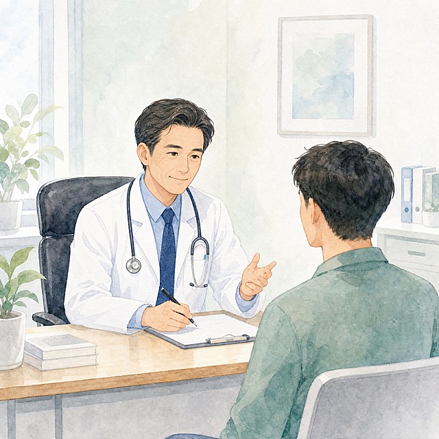 修改图中男医生的面容，使其看起来更加老练成熟，年龄约40-50岁左右，带有温和的专业感，可以有轻微的皱纹或更沉稳的神态，与对面的年轻男士面容区分开，保持水彩手绘风格不变，画面其他部分保持原样