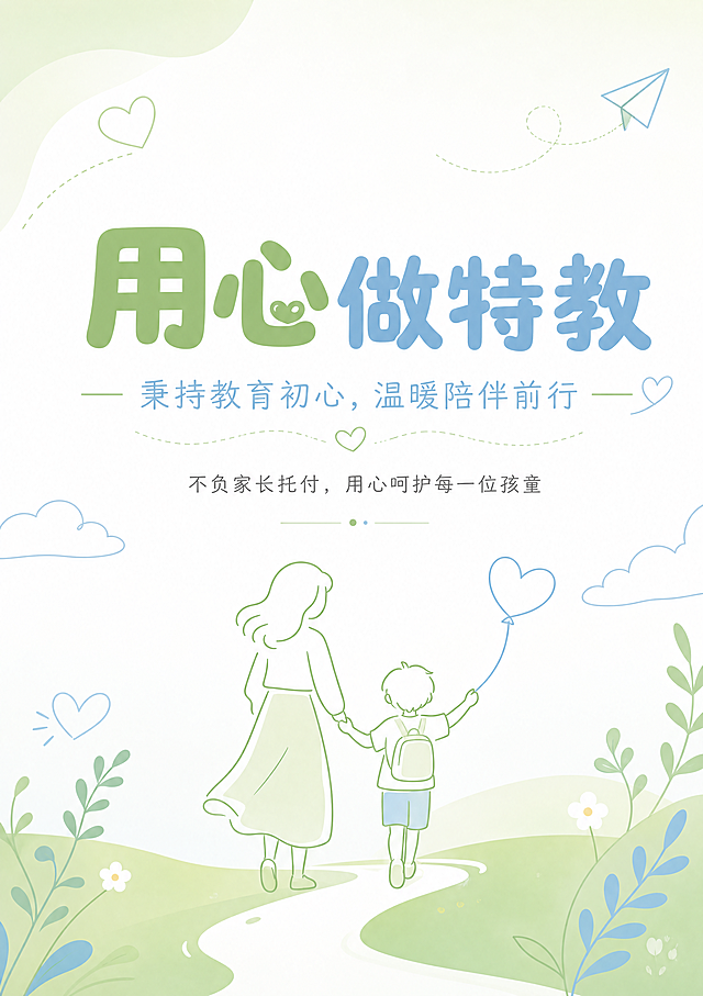 校区走廊墙面装饰海报，整体风格简约高级、干净清爽、治愈童趣，排版留白充足大气简洁。主色调纯白色、清爽浅蓝、清新浅绿，高明亮浅底色，颜色干净透亮整体提亮。搭配极简简约卡通元素，画面精简不杂乱。标题圆润加粗醒目大气，正文纤细柔和，全篇字体统一排版通透。画质高清。尺寸比例竖版，48.5宽*68高，主标题"用心做特教"，副标题"秉持教育初心，温暖陪伴前行"，正文"不负家长托付，用心呵护每一位孩童"，浅绿洁净亮底，画面搭配简约爱心、牵手陪伴线条图案