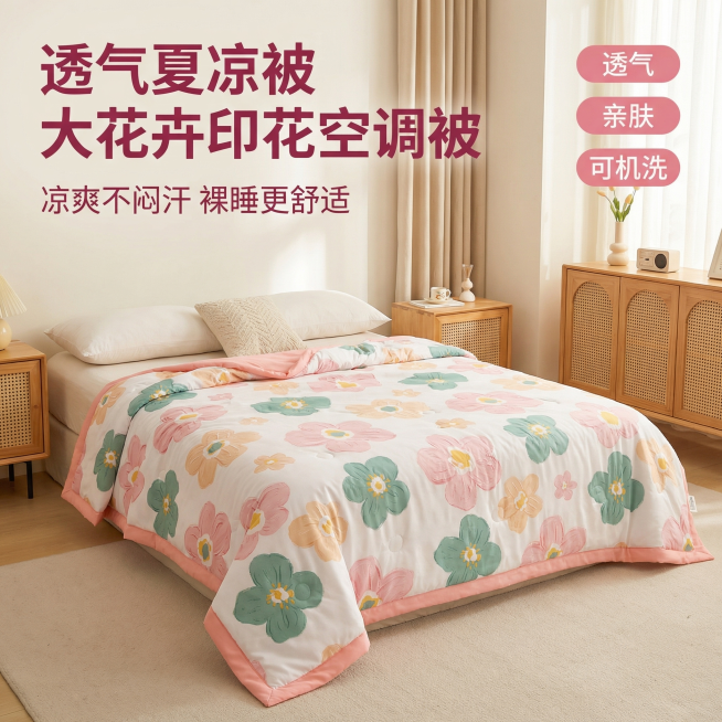 [主图 1] 大花卉印花夏凉被卧室场景首图
[氛围/风格] 温馨北欧风，清新自然，午后慵懒自然光
[画面元素] 商业摄影质感、光线柔和通透、产品清晰真实、画面干净高级。保持产品外观与原图完全一致，白底预览效果