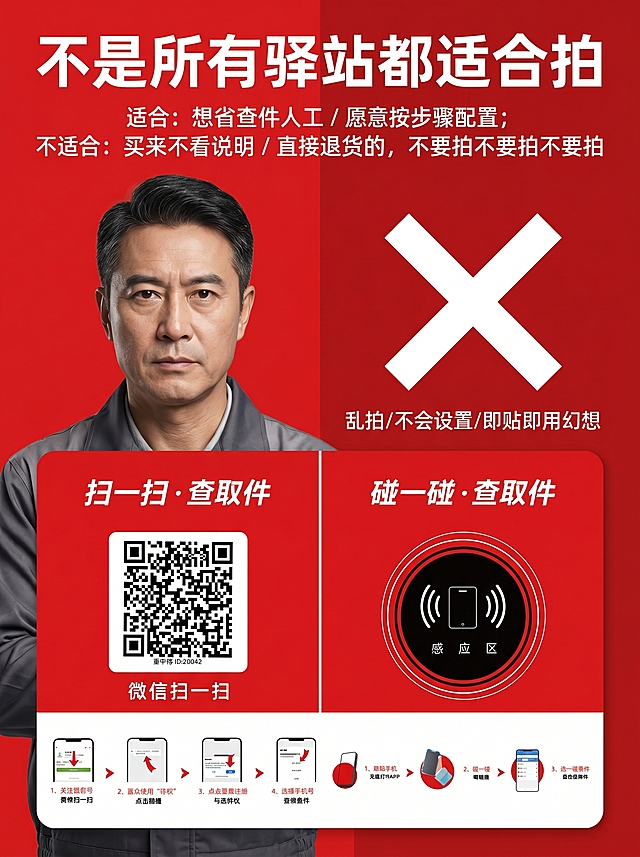 「图片1」「图片1」「图片1」「图片1」「图片1」「图片1」「图片1」「图片1」「图片1」「图片1」10张商品页主图（电商详情页主图风格）。
 风格统一：红白配色 / 快递驿站行业感 / 大字粗体 / 一眼看懂 / 老板风格 / 不花哨 
主图1：先挡住瞎拍的人
 主标题： 不是所有驿站都适合拍 
副标题： 适合：想省查件人工 / 愿意按步骤配置 
不适合：买来不看说明 / 直接退货的，不要拍不要拍不要拍， 
AI提示词： 电商主图，红白色，快递驿站行业风格，大字粗体，中心突出“不是所有驿站都适合拍”，左边一个认真经营的驿站老板形象，右边叉号图标代表“乱拍、不会设置、即贴即用幻想”，整体简洁，强筛选感，淘宝京东拼多多主图风格，
主图2：核心解决什么 
主标题： 省下查件人工，不再反复查件 
副标题： 扫码查件 / NFC碰一碰 / 运单号查询 
AI提示词： 电商详情页主图，红白背景，驿站货架背景，一个老板在查件忙乱对比系统自动查件，大字“省下查件人工”，手机界面展示查件页面，扫码+NFC图标，行业专业感 
主图3：使用逻辑讲透 
主标题： 顾客扫一扫 → 自动跳取件码 
副标题： 少问一句“老板帮我查下件” 
AI提示词： 流程型电商主图，红白配色，箭头流程图：顾客扫码→微信小程序→跳取件码→拿件，清晰简单，适合40岁驿站老板看懂 
主图4：NFC逻辑 
主标题： 手机碰一碰，也能查件 
副标题： 无需翻短信 / 不用问老板 
AI提示词： 电商主图，手机贴近NFC感应区，发光波纹效果，红底白字，突出“碰一碰查取件”，科技感但简单 
主图5：虚拟号说明（减少误解） 
主标题： 虚拟号也能查 
副标题： 支持运单号 / 手机号 / 取件码查询 
AI提示词： 手机查件界面，搜索框输入运单号，红白配色，清晰突出“虚拟号也能查”，解决疑虑型主图 
主图6：收益，不夸张 
主标题： 顾客扫码一次，驿站长期有收益 
副标题： 扫码人次补贴 · 长期累计 
 AI提示词： 电商主图，驿站老板看手机收益增长，扫码图标+零钱累计图标，红白风格，强调长期收益，不夸张 
主图7：兼容系统（减少退货） 
主标题： 支持多驿站系统查询 
副标题： 购买前先确认自己系统 
AI提示词： 电商主图，多个驿站系统logo模块化排列（通用图标风格，不一定真实品牌），中心大字“支持多系统”，底部提示“拍前确认系统” 
主图8：不是贴上就用（很关键）
 主标题： 不是贴上即用 
副标题： 首次需按教程授权+配置 小字： 不会操作、不愿设置，慎拍 
AI提示词： 强提醒型电商主图，红底警示风格，粗体大字“不是贴上就用”，教程步骤图标（扫码、授权、配置），像官方说明页，严肃专业 
主图9：售后支持（稳定信任） 
主标题： 不会用？有售后指导 
副标题： 按步骤配置即可使用 
AI提示词： 客服指导型电商主图，微信客服+手机操作界面，老板和客服沟通感，红白色，减少焦虑 
主图10：最终强筛选（最狠） 
主标题： 适合愿意省人工的驿站老板 
副标题： 不适合：图便宜 / 不看教程 / 买回去不会配置 
AI提示词： 电商主图，左右对比风格：左边“适合”打勾（认真经营老板），右边“不适合”打叉（随便乱拍、懒得配置），红白配色，强筛选