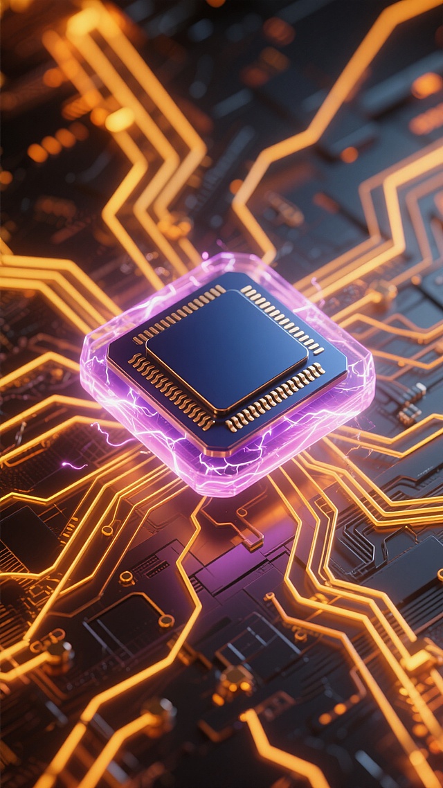 一个六边形的量子处理器芯片悬浮在由交错的金色电路和橙色发光线路构成的复杂背景中央，芯片本体呈现深邃的藏蓝色调，表面有金属光泽的散热纹路，周围环绕着半透明的紫色能量光晕，光晕边缘有渐变的粉色流光效果，整体画面采用暖色调，金色和橙色的电路线条在深色背景上发出明亮的光芒，营造出科技感与未来感兼具的神秘氛围，光影效果突出芯片的立体感和悬浮质感，细节处有细微的电流火花特效，整体风格保持3D渲染的高精度和光滑质感。