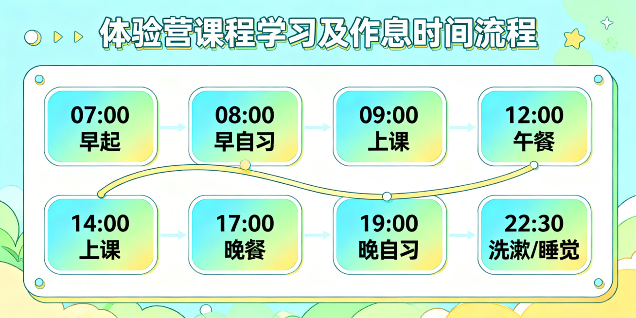 生成一张新航道考研集训营的作息流程图，长方形横板，日系二次元动漫校园风，明亮清新马卡龙配色，主色为浅天蓝色、嫩绿色、暖黄色、白色，卡通手绘质感。有自主生成的标题区："体验营课程学习及作息时间流程"，流预览效果