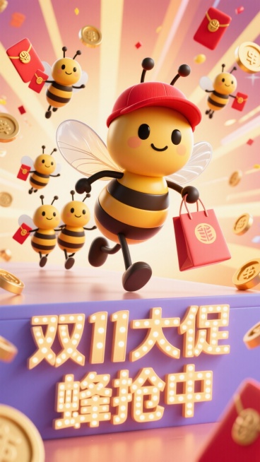 主视觉为带着红帽子的蜜蜂提着购物袋冲出画面，背后跟着3只拿着红包袋的小蜜蜂，正面视角，背景金币、红包、放射线点缀，画面下方为3D文字灯牌“双11大促 蜂抢中”预览效果