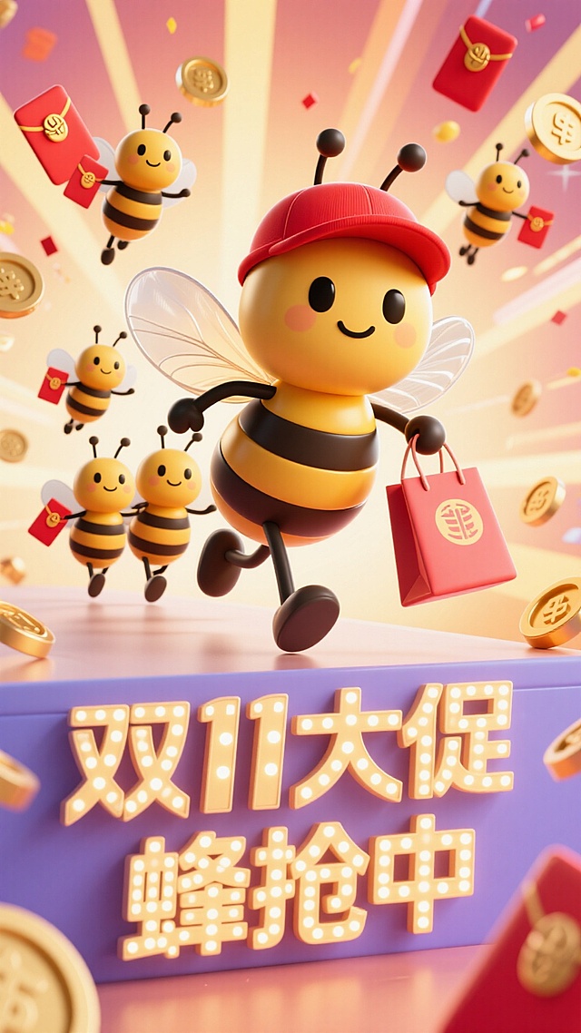 主视觉为带着红帽子的蜜蜂提着购物袋冲出画面，背后跟着3只拿着红包袋的小蜜蜂，正面视角，背景金币、红包、放射线点缀，画面下方为3D文字灯牌“双11大促 蜂抢中”