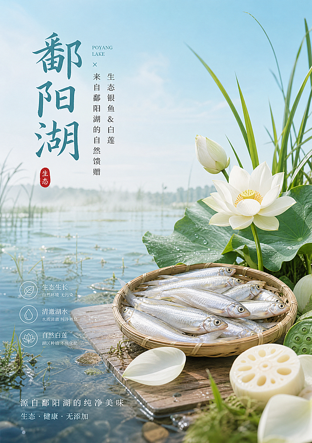 生态鄱阳湖银鱼&白莲副海报2（A4竖版），自然写实干净素雅的农产品高端电商风格，色调以湖水青、稻米白、原木浅色系为主，画面通透柔和，贴近真实乡村生态实景质感。浅滩湿地实景氛围，清淡水汽萦绕画面，风格清雅治愈，鲜活银鱼、天然白莲自然陈列，搭配湖边原生水草、浅清水渍，还原鄱阳湖本土水产、农作原生状态，体现食材新鲜、原生态、无添加的高端调性，适配电商种草、产品辅推海报。