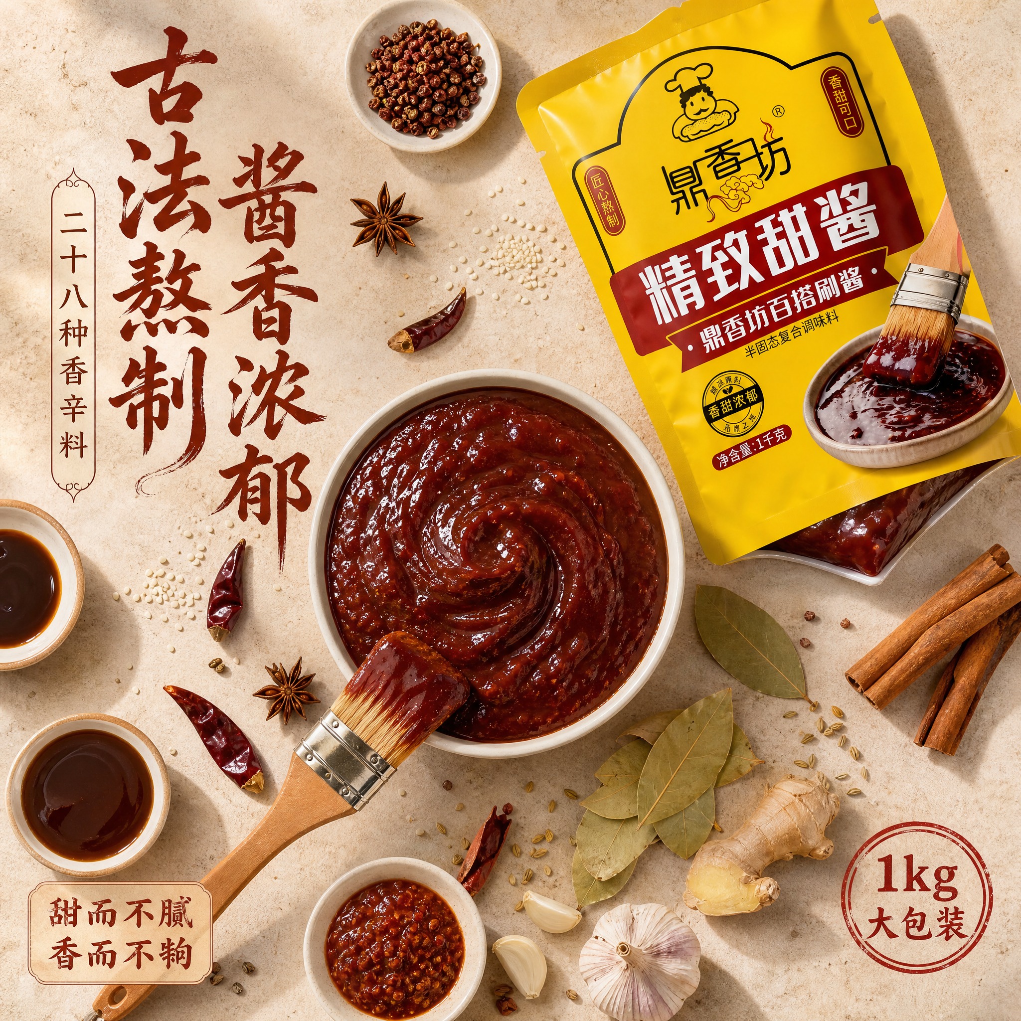 [主图-9] 俯视平铺美食风，鼎香坊甜酱，参考图暖调香料风格差… - 图片创意预览