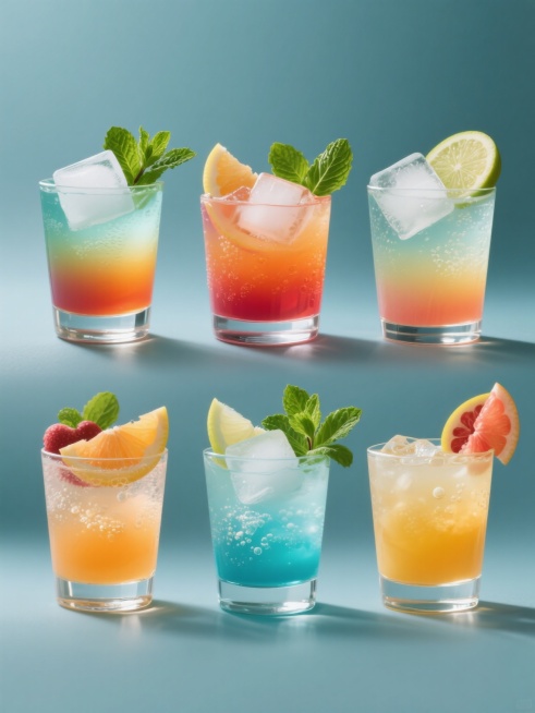 一组6个完全不同的精美鸡尾酒饮品系列素材集合，每个鸡尾酒均使用不同色彩的透明玻璃杯盛装，内含色彩各异的渐变液体、大块冰块、新鲜水果片和绿色薄荷叶装饰，背景为纯色，整体采用高写实摄影风格，光影清晰，细节丰富，玻璃杯通透有光泽，液体气泡自然，水果新鲜饱满，6个元素规整排布，保持一致的构图和高品质视觉效果，画面整体色彩变换多样但每个元素风格统一。预览效果