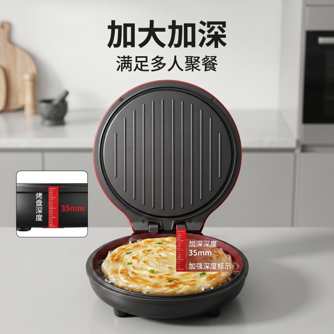在当前电饼铛图片基础上，在加深烤盘内添加合适的烹饪食材，比如正在煎制的千层饼或者手抓饼，食材看起来新鲜诱人，保持产品原有的文字、尺寸标注和整体构图风格不变，保持电饼铛的结构、颜色、材质和原有设计不变，预览效果