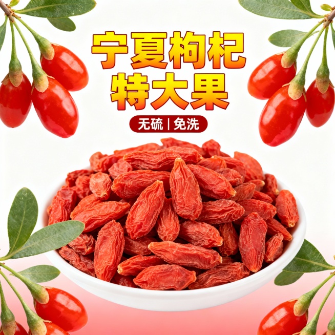 帮我生成5张电商主图，产品是宁夏红枸杞，规格 250g 袋装。
风格要促销醒目、高点击。
核心卖点：①宁夏原产地 ②特大果 ③无硫免洗。
尺寸 800×800px，背景纯白 + 浅红渐变，主色调红 +预览效果