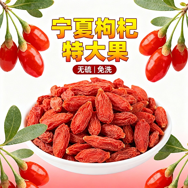 帮我生成5张电商主图，产品是宁夏红枸杞，规格 250g 袋装。
风格要促销醒目、高点击。
核心卖点：①宁夏原产地 ②特大果 ③无硫免洗。
尺寸 800×800px，背景纯白 + 浅红渐变，主色调红 + 黄 + 白。
文案：主标题 “宁夏枸杞 特大果”，副标题 “无硫 | 免洗 | 
要求：突出大颗粒、干净饱满真实感、食欲感，大字醒目，适合抖音流量。
