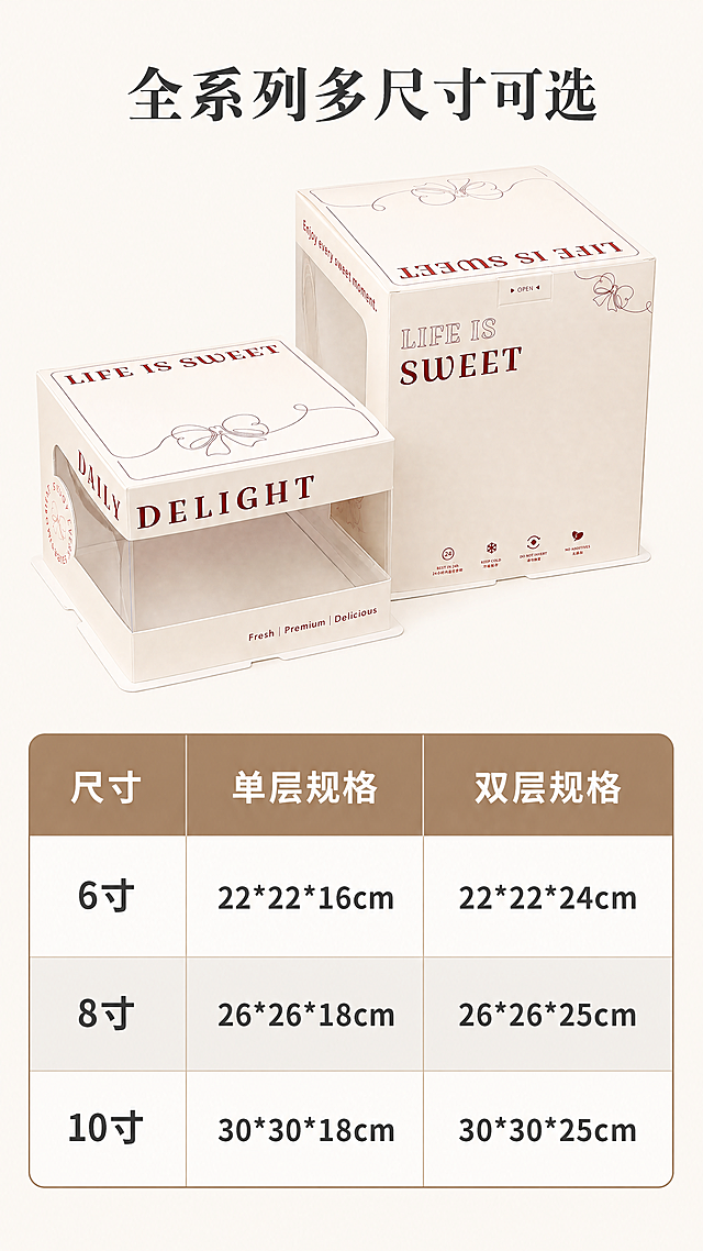 [第5屏] 规格参数展示屏，全系列尺寸规格介绍。本屏使用【图1】作为产品参考，保持产品外观颜色一致。
[氛围/风格] 清晰信息卡风格，规整严谨，易读性强，商业设计。
[元素布局] 产品示意图放置在画面上半部分，占据约40%高度，保持两款产品摆放关系不变，外观颜色与输入图一致；下半部分为规格参数表格，清晰列出全系列尺寸参数。背景浅米纯色，整体排版整齐。
[光影质感] 整体光线均匀，产品清晰，表格文字清晰不模糊，无明显硬阴影。
[配色色系] 全局底色：#F8F5F0（浅米暖白）；表格边框浅棕色，表头浅棕色底白色字，内容行交替白底浅灰底，文字深灰色，配色清晰。
[视角构图] 上产品下表格，经典信息卡版式，阅读从上到下。
[文字版式] 顶部主标题「全系列多尺寸可选」居中深灰色；下半部分表格包含三列：尺寸、单层规格、双层规格，具体参数：6寸 22*22*16cm / 22*22*24cm；8寸 26*26*18cm / 26*26*25cm；10寸 30*30*18cm / 30*30*25cm。表格文字清晰，行高宽松适合移动端阅读。
[比例分辨率] 9:16竖版比例，4K分辨率，文字清晰可辨，超高清。
[负向提示词] 表格错乱，文字模糊，产品变形，颜色偏差，结构错误，水印，背景杂乱