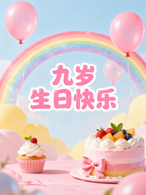 一张给九岁女孩的生日贺卡，整体风格可爱梦幻，充满童趣，画面有粉色气球、彩虹、小蛋糕、蝴蝶结，贺卡上印有文字"九岁生日快乐"，温馨甜美氛围，适合儿童生日预览效果