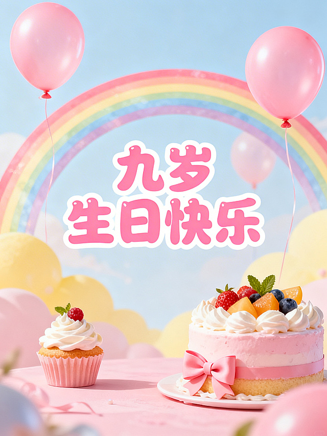 一张给九岁女孩的生日贺卡，整体风格可爱梦幻，充满童趣，画面有粉色气球、彩虹、小蛋糕、蝴蝶结，贺卡上印有文字"九岁生日快乐"，温馨甜美氛围，适合儿童生日