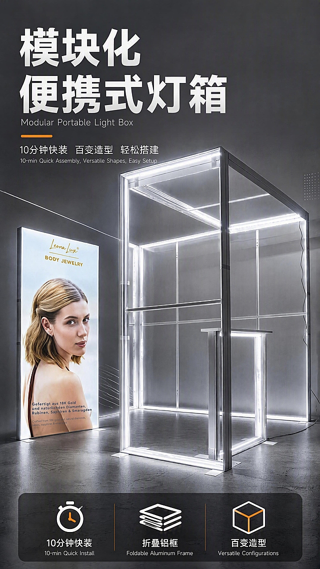 [第1张] 详情页头图-SEG模块化便携式灯箱主视觉海报，所有中文文字下方添加小号英文翻译。本张使用【图1】作为参考底图，保留原有灯箱主体、构图、配色和版式，仅修改文字部分。
[氛围/风格] 专业工业科技风，深灰渐变背景，冷白光效，商业摄影质感，与原图风格完全一致。
[元素布局] 保留原图灯箱主体位置、占比、光影效果不变；仅调整文字区域，在每句中文下方增加小号英文翻译，文字整体区域略向下扩展。
[光影质感] 与原图完全一致，顶部主光+侧面辅助光，灯箱内部LED自发光，铝框边缘高光清晰。
[配色色系] 与原图完全一致，全局底色 #2A2D33 深灰渐变；主色银白铝框+冷白灯光；辅助色橙色强调。
[视角构图] 与原图完全一致，微仰视45°斜侧视角。
[文字版式] 版式为左上大标题 + 中部产品 + 底部三卖点横条，每句中文下方加小号英文翻译。主标题「模块化便携式灯箱」下方加英文「Modular Portable Light Box」；副标题「10分钟快装 百变造型 轻松搭建」下方加英文「10-min Quick Assembly, Versatile Shapes, Easy Setup」；底部三卖点：「10分钟快装 / 10-min Quick Install」「折叠铝框 / Foldable Aluminum Frame」「百变造型 / Versatile Configurations」；英文为细体无衬线字体，字号约为中文的60%，颜色为浅灰色，位于对应中文正下方。
[比例分辨率] 9:16 竖版比例，4K分辨率，文字清晰可辨，高清画质。
[负向提示词] 灯箱变形，结构错误，颜色偏差，水印，文字错乱，英文拼写错误，产品图模糊。