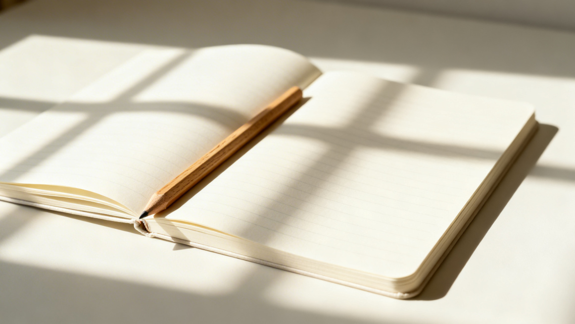 Ins风格静物摄影，极简书桌，一本摊开的米白色笔记本，一支铅笔，柔和有形的窗格光影斜射在纸面，整体为奶油色和浅木色调，背景虚化干净，画面有大量留白，高级感，氛围宁静，富有生活美学，raw摄影风格预览效果