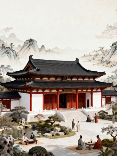 将宫殿主体建筑移动到画面的左下方位置，保留整体构图和人物、背景的山水园林元素，保持原有中式古风风格不变预览效果