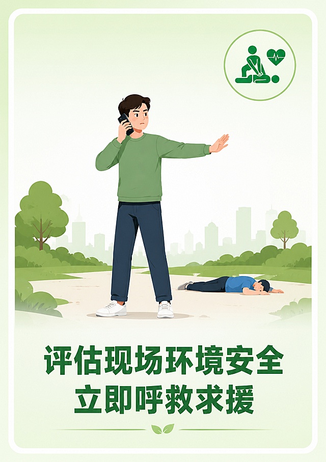 A5竖版急救科普游戏卡片设计，简约扁平插画风格，适合打印，无任何数字编号。顶部右侧有小型心肺复苏图标。中间主体是大幅扁平插画：一个人站在现场环顾四周评估环境，同时手持手机拨打急救电话，表情认真。底部是清晰醒目的中文标题文字：评估现场环境安全，立即呼救求援。背景为干净的浅绿色渐变，整体留白充足，文字清晰易读。卡片四周留安全边距，打印友好，画面中不出现任何数字或步骤编号