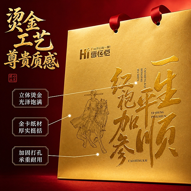 [主图-3] 礼盒烫金工艺细节展示图，近距离呈现高端包装质感。
[统一基调] 整体风格为高端国潮品质风，背景主色为深红渐变搭配金色光晕，标题字色为烫金质感金色，辅助字色为米白色，强调色为中国红，字体样式为粗厚书法体主标题+精致宋体辅助文，卡片样式为金色细线描边半透明深色底卡片，整体传递尊贵喜庆的送礼氛围。
[画面] 金色礼盒手提袋局部特写位于画面中心偏右，占比约65%，聚焦袋身正面烫金文字区域，展示"一生平顺"大字的烫金工艺光泽和金卡纸材质的细腻纹理。袋身骑马官员线描图案清晰可见，线条精细。左侧为文字说明区，上方是"烫金工艺 尊贵质感"金色书法主标题。下方有三个白色小圆点分别用细金线连接到礼盒不同细节处：第一个连接烫金文字，旁边标注"立体烫金 光泽饱满"；第二个连接袋面材质，旁边标注"金卡纸材 厚实挺括"；第三个连接袋顶提手孔位，旁边标注"加固打孔 承重耐用"。背景为深红色渐变，有柔和聚光效果打在礼盒上。
[光影质感] 商业微距摄影质感，侧光突出烫金文字的金属光泽和立体感，金色表面有丰富的高光层次，纸张纹理清晰，整体光线精致细腻。
[配色] 主色深红+金色，辅助色米白，引线和标注文字为白色。
[文字版式] 左侧主标题烫金书法大字；三个标注点错落分布，标注文字为白色小字体。文字布局清晰，不遮挡核心细节。
[输出要求] 1:1正方形比例，2048*2048像素，细节清晰锐利，文字清晰可读，禁止出现错字、模糊、杂乱背景、水印、平台Logo。