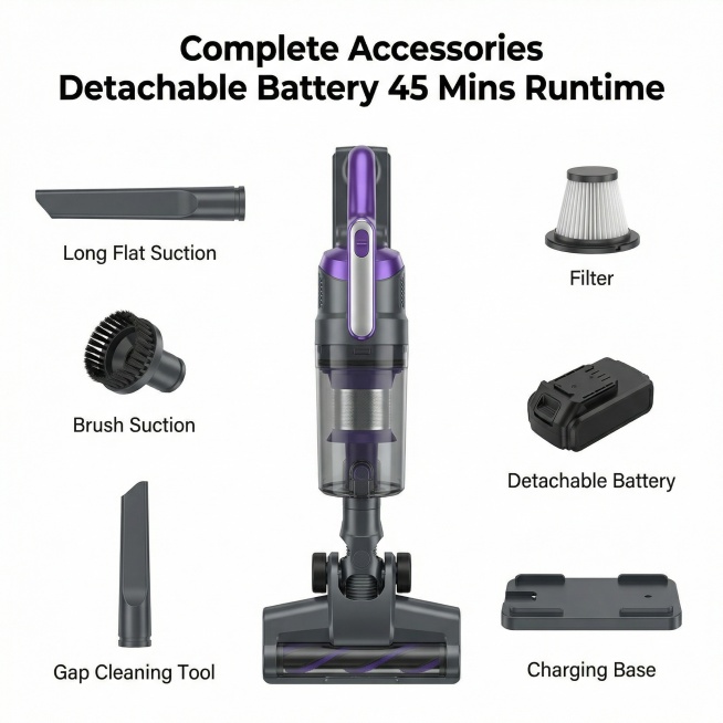 [Main Image 5] Vacuum cleaner full accessories display, Knolling layout, the main vacuum cleaner is预览效果