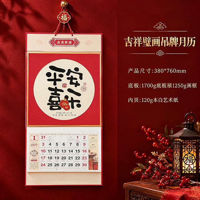 电商产品详情主图，左侧展示吉祥壁画吊牌月历实物，右侧展示产品参数文字信息，左右分栏布局。左侧挂历严格参照上传产品图（平安喜乐款），完整保留所有可见组件、部件、轮廓、结构、比例、材质、颜色与产品本体上的所有文字信息，与上传图完全一致，绝不删减或改动产品本身任何部分，产品规格380*760比例严格保持不变，绝对不允许拉伸变形。挂历通过红色挂绳悬挂于深红色高级肌理背景上，挂绳顶部有金色挂扣和红色福字吊牌装饰。右侧文字区域为深红色背景配金色文字，从上到下依次为：大标题"吉祥壁画吊牌月历"，产品尺寸:380*760mm，底板:1700g底板裱1250g画框，内页:120g本白艺术纸。右下角点缀红色浆果与黑色金属小提灯装饰，营造新中式喜庆高级氛围。画面整体比例1:1正方形构图，左右分栏布局，左侧产品占约60%宽度，右侧文字占约40%宽度，产品为绝对视觉焦点。4K写实光追，商业级电商主图质感，暖金色柔光突出挂历壁画质感与烫金工艺细节。