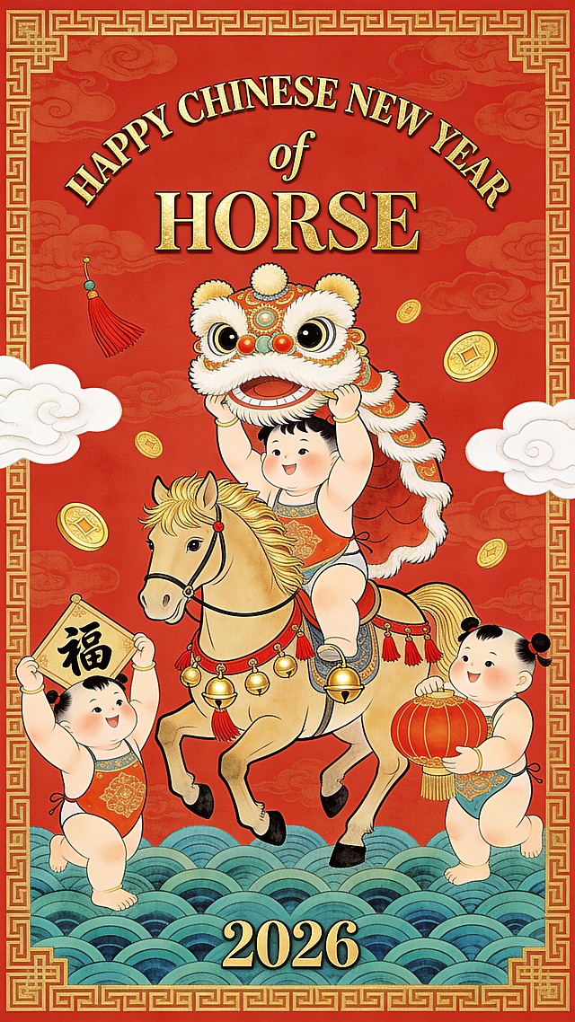 动画风格。主体为舞狮少年骑金鬃骏马（少年头戴狮头帽，双手挥舞狮头；骏马马具饰红流苏与金色铃铛，呈迈步姿态）。马匹两侧有两个福娃（左侧举 “福” 字欢呼；右侧怀抱大红灯笼）。空中飘浮金色铜钱、红色流苏、白色祥云。顶部弧形排列烫金质感的 “HAPPY CHINESE NEW YEAR” “of” “HORSE”，下方正中央为数字 “2026”。底部饰蓝绿色波浪纹样，画面四周设金色中式回纹边框，红色背景，整体充满春节舞狮喜庆氛围。