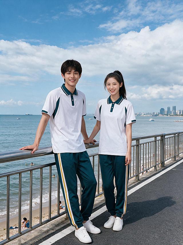 海边滨海骑行道双人校服全身照。172厘米少年男模特保持图1相貌（黑色短发，阳光笑容），168厘米少女女模特保持图2相貌（乌黑高马尾，甜美笑容），两人身高接近。两人均严格按图3穿同款校服：白色短袖polo上衣，深青翻领带白细边，深青门襟配白扣，肩袖深青拼块与袖口深青拼块带白细条，衣摆自然下垂；深青色束脚运动长裤，裤腿外侧白黄双色条纹；均穿白色小白鞋。姿态：男模特倚靠在金属护栏上，双手靠在护栏上，面对镜头微笑；女模特站在旁边，单手靠着护栏，另一只手自然下垂，面对镜头甜蜜微笑。背景：海边滨海风景，地上是一条骑行道的路面，天空湛蓝，大片白色云朵舒展，海水平缓开阔，道路一侧是1.5米高的金属护栏，护栏下面可见沙滩和海，零星有嬉戏和游泳的游客，远处现代城市高楼天际线与船只，深色沥青路面带白色边线，明亮自然日光，清爽通透海滨度假氛围，写实摄影，高画质，细节丰富，自然色彩，两人全身完整入镜