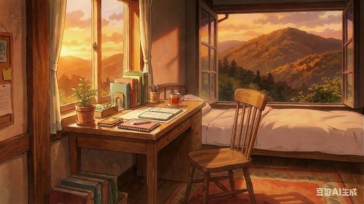 保留当前这个夕阳窗边书桌的完整场景和所有物品，去掉画面中的小女孩，保持整体吉卜力动画风格不变，场景和光影都一致预览效果