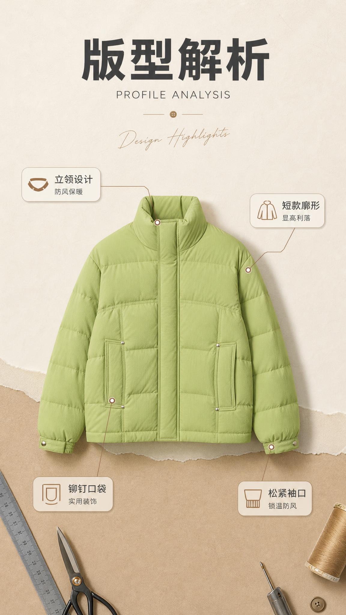 [商品] 使用【图1】青柠绿立领短款羽绒服；商品处理：保留立领… - 图片创意预览