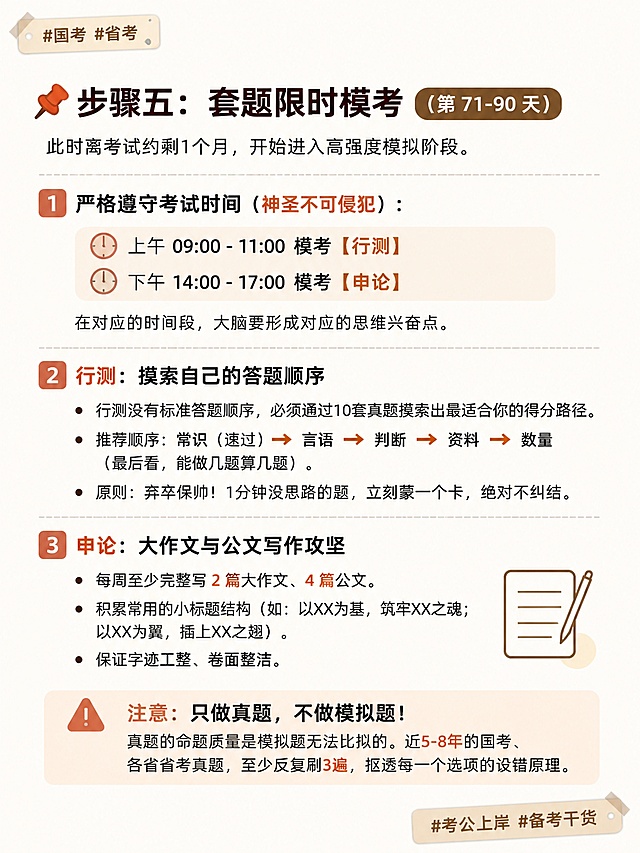 📌 步骤五：套题限时模考（第 71-90 天）
此时离考试约剩1个月，开始进入高强度模拟阶段。

1. 严格遵守考试时间（神圣不可侵犯）：
 👉 上午 09:00 - 11:00 模考【行测】
 👉 下午 14:00 - 17:00 模考【申论】
 在对应的时间段，大脑要形成对应的思维兴奋点。

2. 行测：摸索自己的答题顺序行测没有标准答题顺序，必须通过10套真题摸索出最适合你的得分路径。
 推荐顺序：常识（速过） ➡️ 言语 ➡️ 判断 ➡️ 资料 ➡️ 数量（最后看，能做几题算几题）。
 原则：弃卒保帅！1分钟没思路的题，立刻蒙一个卡，绝对不纠结。

3. 申论：大作文与公文写作攻坚每周至少完整写 2 篇大作文、4 篇公文。
 积累常用的小标题结构（如：以XX为基，筑牢XX之魂；以XX为翼，插上XX之翅）。保证字迹工整、卷面整洁。

⚠️ 注意：只做真题，不做模拟题！
真题的命题质量是模拟题无法比拟的。近5-8年的国考、各省省考真题，至少反复刷3遍，抠透每一个选项的设错原理。风格同上