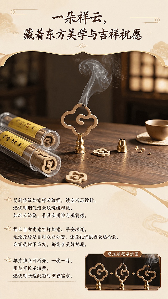 [第6屏] 产品造型寓意屏，祥云沉香设计寓意与使用细节展示。本屏使用【图6】作为商品主体，参考版式。
[氛围/风格] 茶室实景氛围感，东方禅意，突出祥云造型的美学和吉祥寓意。
[元素布局] 产品套装置于画面中上位置，占比约60%，搭配燃烧过程示意图框，下方文字说明区。背景为茶室原木桌面，保留产品、香炉、罐子造型颜色与输入一致。
[光影质感] 柔和茶室自然光，香烟线条柔焦自然，产品纹理清晰，桌面投影自然。
[配色色系] 全局底色 #F5F0E6；主色原木棕金色；辅助色深棕文字，浅云装饰。
[视角构图] 上产品下文字，主体居中，阅读从上到下。
[文字版式] 顶部主标题「一朵祥云，藏着东方美学与吉祥祝愿」。正文文案：复刻传统如意祥云纹样，镂空巧思设计，燃烧时烟气沿云纹缓缓飘散，如烟云缭绕，兼具实用性与观赏感。祥云自古寓意吉祥如意、平安顺遂，无论是居家自用以求心安，还是礼佛供香表达心意，亦或是赠予亲友，都饱含美好祝愿。单片独立可拆分，一次一片，用量可控不浪费，燃烧时长适配短时熏香需求。右下角小框标注燃烧过程示意图。字体舒朗，适配国风调性，手机阅读清晰。
[比例分辨率] 9:16 竖版比例，4K分辨率，文字清晰可辨，高清画质。
[负向提示词] 产品变形，缺件错件，颜色偏差，文字错乱，产品图模糊，背景杂乱