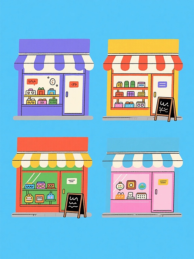 四个系列的卡通手绘风格店铺立面插画，保持原有的可爱扁平画风、清晰线条和简洁色块，每个店铺场景都有带条纹遮阳篷的门头、开放式店门、展示商品的货架和门口的小黑板，整体色彩分别为蓝紫色调、橙红色调、黄绿色调和粉蓝色调，纯色背景，元素类目不变但具体商品和装饰细节完全不同，四个店铺规整排布成2x2网格。