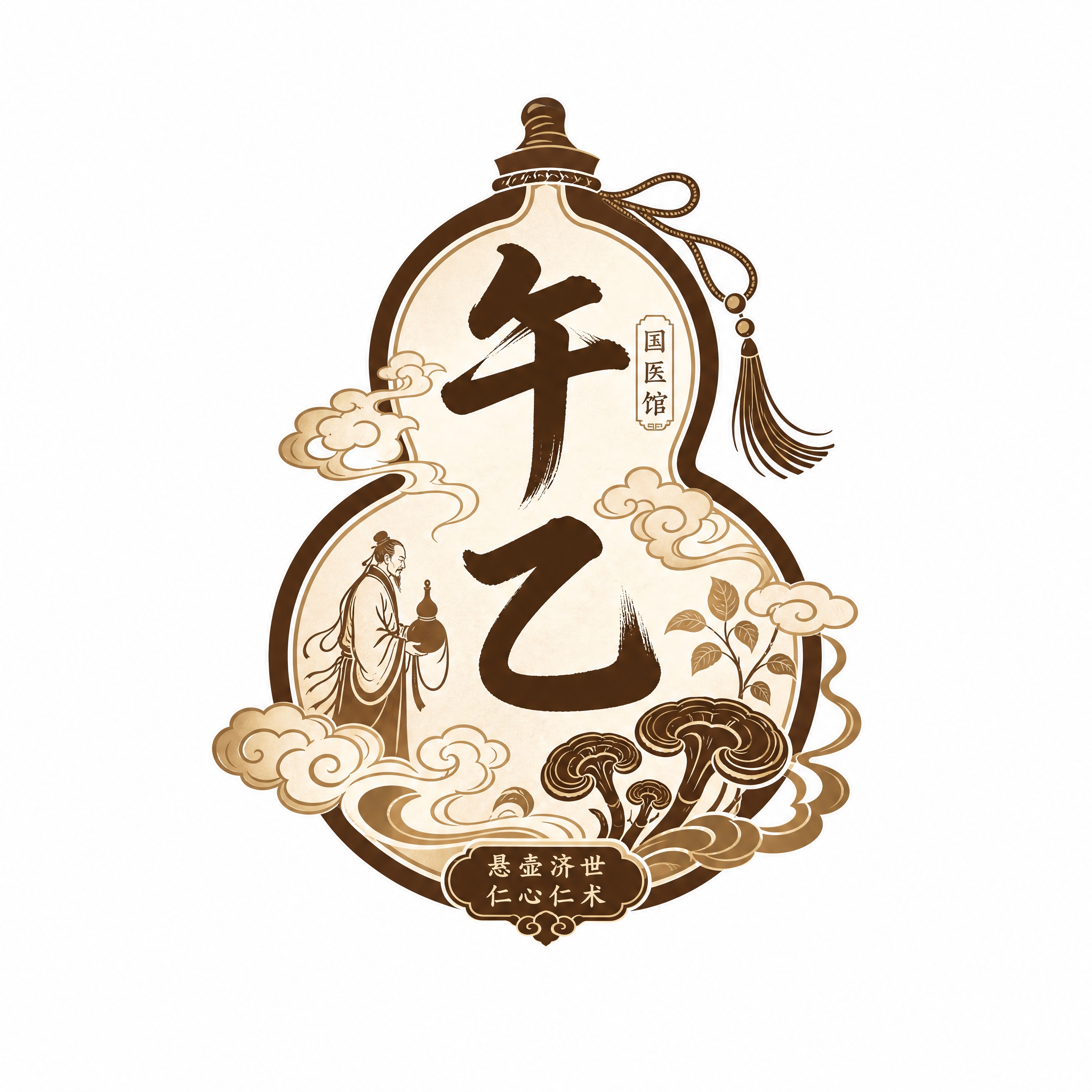 一个国医馆logo设计，名称为"午乙"，葫芦造型徽章风格，中医… - 图片创意预览