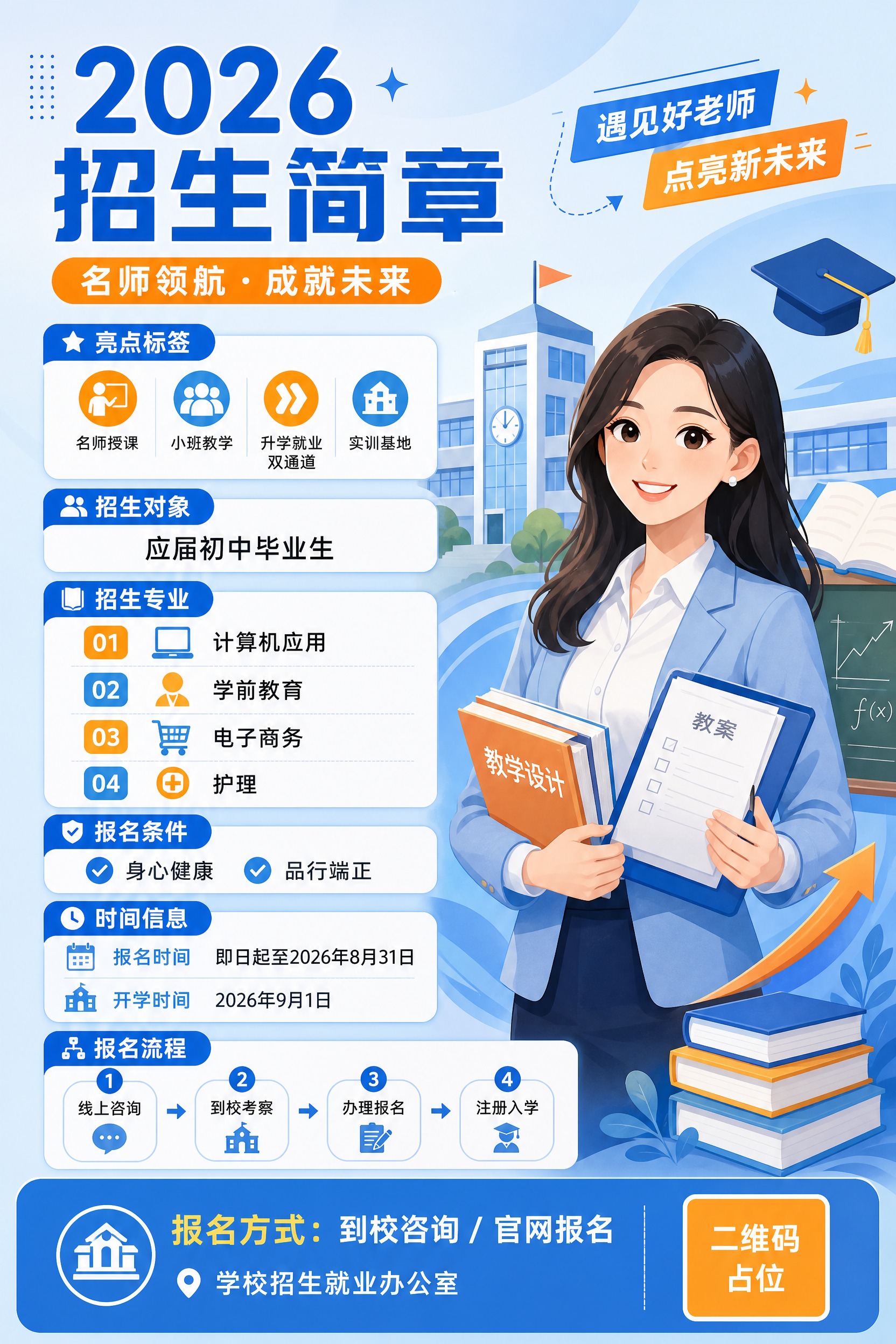 为学校招生设计一张A4竖版招生简章海报，画面比例2:3，扁平插… - 图片创意预览
