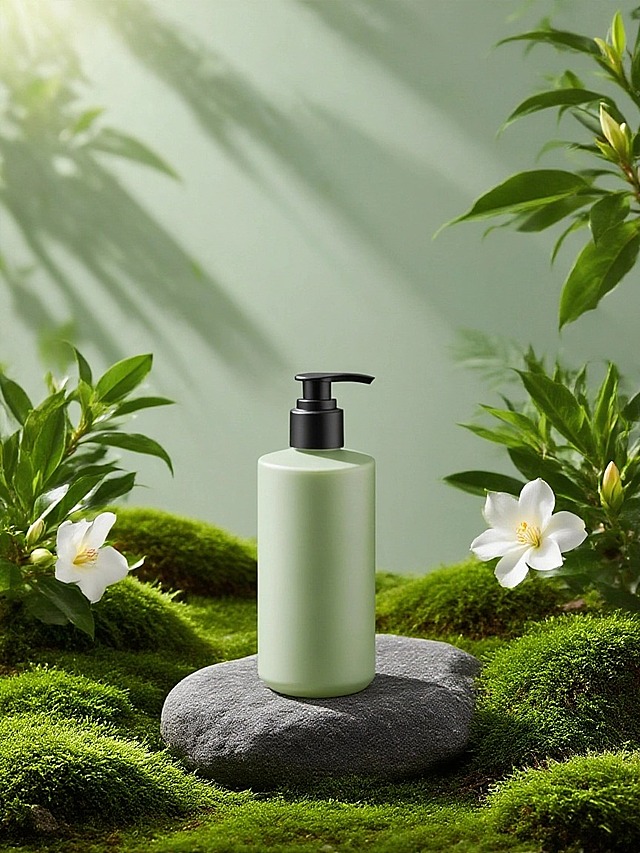 主体置于铺满苔藓地面的石头上，点缀绿植、白色花朵，背景浅绿斑驳光影