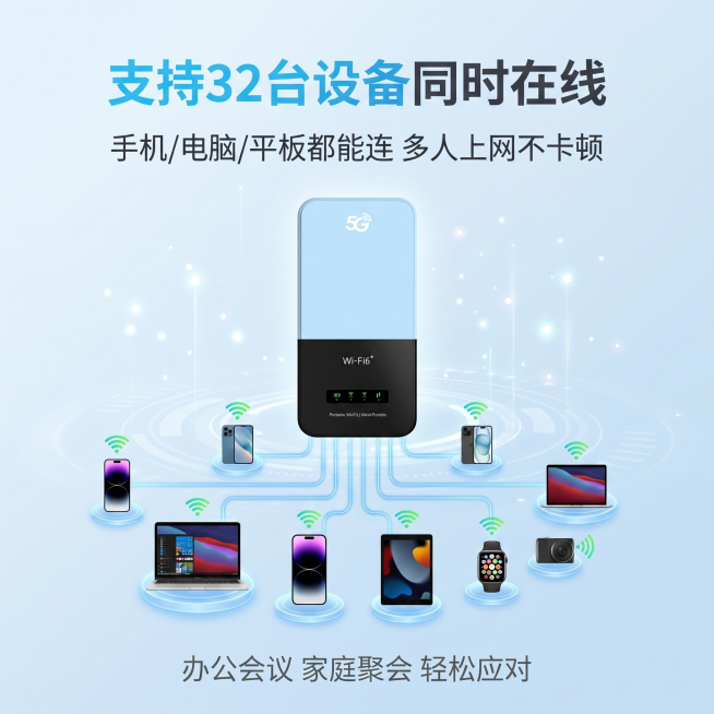 [主图-3] 多设备连接功能卖点图
[氛围风格] 科技功能展示，现代简约风
[画质] 商业摄影质感，光线柔和通透，产品清晰真实，画面干净高级
[元素] 浅蓝色随身wifi产品放置在画面中上部，保持原产预览效果