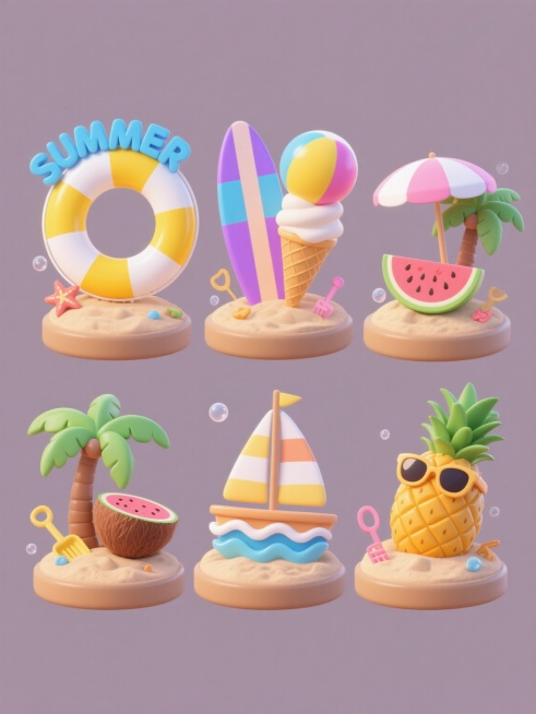 6个完全不同造型的夏季主题3D立体元素集合，每个元素均采用圆润光滑的3D建模风格，明亮饱和的色彩搭配（包含黄色、蓝色、紫色、粉色等马卡龙色系），具有细腻的光影效果和轻微的渐变过渡，统一放置于浅棕色沙滩质感的圆形基座上，周围点缀小气泡、海星、小铲子等装饰元素，所有元素规整排列在纯色背景上，第一个元素为黄白条纹救生圈与蓝色"SUMMER"立体字组合，第二个元素为彩色冲浪板与沙滩球组合，第三个元素为……预览效果