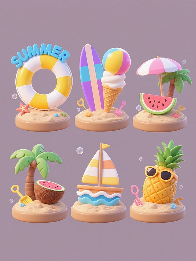 6个完全不同造型的夏季主题3D立体元素集合，每个元素均采用圆润光滑的3D建模风格，明亮饱和的色彩搭配（包含黄色、蓝色、紫色、粉色等马卡龙色系），具有细腻的光影效果和轻微的渐变过渡，统一放置于浅棕色沙滩质感的圆形基座上，周围点缀小气泡、海星、小铲子等装饰元素，所有元素规整排列在纯色背景上，第一个元素为黄白条纹救生圈与蓝色"SUMMER"立体字组合，第二个元素为彩色冲浪板与沙滩球组合，第三个元素为冰淇淋甜筒与太阳伞组合，第四个元素为西瓜切片与椰子树组合，第五个元素为帆船与海浪造型组合，第六个元素为菠萝与墨镜组合，整体营造出欢快、清爽的夏日氛围，保持视觉风格的高度统一性和系列感。