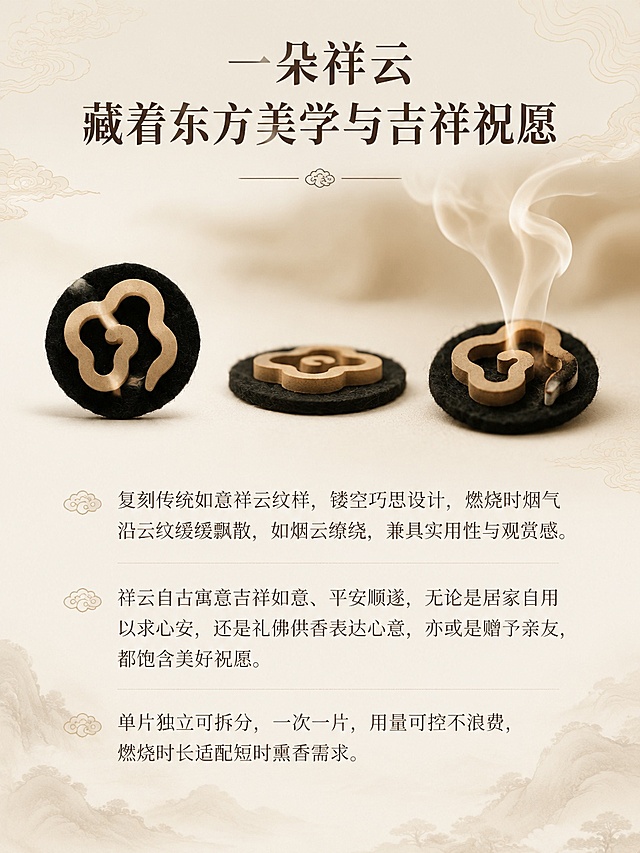 根据以下内容制作拼多多电商12张详情页。「图片1」「图片1」「图片1」「图片1」「图片1」「图片1」「图片1」「图片1」「图片1」「图片1」第 1 张：
•画面设计：高清慢镜头拍摄祥云香燃烧烟雾，搭配雅致茶席 / 禅意空间背景，整体东方美学质感。画面加入品牌记忆点 “装逼云香”。
•文案内容
￮主标题：一缕祥云沉香 赴一场东方雅事
￮副标题：广东博罗长寿之乡直供・纯沉香无粘粉祥云香
￮字样：“装逼云香”
￮底部落款：水擎品牌・沉香谷系列 自有 5000 亩沉香种植基地
•作用：用氛围感和价值感留住用户，避免刚进店就划走。“装逼云香” 增强品牌记忆点和首屏识别度。
第 2 张：
•画面设计：左右对比结构，左侧 “劣质香危害”（呛鼻、熏眼、头晕），右侧 “我们的沉香”
•文案内容
￮标题：你还在熏 “有害香” 吗？
￮左侧痛点：
✘ 粘粉杂料占比高 燃烧刺鼻呛喉
✘ 添加化学香精 闻久头晕恶心
✘ 无名小作坊 品质安全无保障
￮右侧解决方案：
✔ 纯沉香粉高压压制 0 粘粉 0 添加
✔ 原产地自有基地 全链条可控
✔ 国标生产 权威协会全程监制
•作用：引发用户共鸣，让用户觉得 “这说的就是我之前买的”，自然认可我们的产品
第 3 张：
•画面设计：四大卖点图标 + 文字的四宫格排版，清晰直观
•文案内容
￮标题：为什么懂香的人都选这款祥云沉香？
￮四大核心价值：
a.「纯」 纯沉香原料 无粘粉无香精
b.「源」 博罗直供 自有千亩沉香林
c.「美」 祥云国风造型 寓意吉祥
d.「广」 全场景适配 随身随心用
•作用：浓缩核心优势，让用户快速感知产品价值
第 4 张：
•画面设计：上半部分 “世界长寿之乡・博罗” 地域标识，下半部分基地航拍 + 沉香树林实拍 + 采香过程图
•文案内容
￮标题：源自世界长寿之乡 —— 广东惠州博罗
￮正文：
岭南核心沉香产区，气候温润、土壤肥沃，孕育出油脂饱满、香韵清甜的优质沉香。
品牌自有 5000 亩标准化沉香种植基地，超 100 万棵原生沉香树，从种植、采香、制香全产业链自主把控，没有中间商赚差价，每一片香都溯源可查。
•作用：用产地和规模实力，让用户相信 “原料正宗、价格实在”
第 5 张：
•画面设计：左侧沉香原料 / 沉香粉特写，右侧制香四步工艺流程图（选料→低温磨粉→高压物理成型→自然阴干）
•文案内容
￮标题：只做纯沉香 拒绝多余添加
￮正文：
原料仅选用本土沉香树天然结香部分，油脂丰厚，香韵自带清甜凉韵。
采用高压物理压制工艺，不添加楠木粘粉、树皮粉等粘合剂，不勾兑任何化学香精、助燃剂。
燃烧后烟气洁白细腻，无焦糊杂味，香韵纯粹回甘，久闻不闷不呛，老人、孕妇、敏感体质也能安心熏用。
•作用：把 “无粘粉” 的优势讲透，和普通香拉开价值差距
第 6 张：
•画面设计：祥云香片多角度特写，燃烧烟雾流动的细节图，搭配云纹文化寓意解读
•文案内容
￮标题：一朵祥云 藏着东方美学与吉祥祝愿
￮正文：
复刻传统如意祥云纹样，镂空巧思设计，燃烧时烟气沿云纹缓缓飘散，如烟云缭绕，兼具实用性与观赏感。
祥云自古寓意吉祥如意、平安顺遂，无论是居家自用以求心安，还是礼佛供香表达心意，亦或是赠予亲友，都饱含美好祝愿。
单片独立可拆分，一次一片，用量可控不浪费，燃烧时长适配短时熏香需求。
•作用：赋予产品情绪价值和文化价值，让用户觉得 “不止是香，更是雅物”
第 7 张：
•画面设计：左右双规格对比，左侧家庭版大筒放在茶席、客厅、佛堂场景中；右侧旅行版小筒放在包包、车载、出差旅行场景中
•文案内容
￮标题：两规格可选 按需入手不浪费
￮家庭版：42 片 / 筒，适合家庭日常、茶室会客、礼佛禅修、长期居家使用
￮旅行版：17 片 / 筒，适合车载、办公、出差、旅行、随身备用
￮底部小字：都是独立祥云片，一次一片，用量可控，不占空间
•作用：帮助用户快速决策，避免因规格不清放弃购买
第 8 张：
•画面设计：四大场景高清实拍，每格一个场景 + 对应价值
•文案内容
￮标题：一片沉香 适配你所有的静心时刻
￮四大场景：
① 茶席会客：待客品茗时点一片，清雅沉香烘托氛围，提升茶席格调
② 礼佛禅修：清净本香，如法供佛，烟气清淡不熏染佛堂器物
③ 居家办公：舒缓工作紧绷感，净化室内异味，看书、午休、办公都适配
④ 车载出行：小巧便携，祛除车内塑胶、异味，行车途中舒缓疲劳
•作用：让用户对号入座，联想到自己使用的画面，强化 “我需要” 的念头
第 9 张：
•画面设计：左右对比表格，左侧普通有粘香，右侧我们的祥云无粘沉香
•文案内容
￮标题：一目了然的差距 选对不踩坑
￮对比项：
对比维度	普通有粘线香 / 盘香	祥云无粘沉香
原料成分	木粉 + 粘粉 + 香精，杂料占比高	纯沉香粉，无任何额外添加
香韵体验	刺鼻浓烈，闻久发闷头晕	清甜柔和，凉韵回甘，久闻不呛
造型设计	普通长条 / 圆盘，无设计感	国风祥云造型，观赏寓意兼具
使用方式	整根 / 整盘点燃，极易浪费	单片拆分，按需取用，用量可控
安全程度	易含助燃剂、重金属，有隐患	国标生产，无添加，孕婴可用
•作用：通过对比放大优势，让用户直观感受到产品的价值，不愿再选便宜劣质香
第 10 张：
•画面设计：企业营业执照、产品执行标准、广东省香业协会监制标识、品牌 logo 组合排版，清晰正规
•文案内容
￮标题：正规品牌出品 每一片都有保障
￮正文：
本品为水擎品牌旗下「沉香谷」系列，由广东新圆沉香股份有限公司出品，惠州市沉香谷农林发展有限公司联合生产。
严格执行 GB 26386-2011 国家香制品标准，由广东省香业协会全程监制，每批次产品均经过质量检测，品质安全可追溯。
•作用：用企业资质和官方监制，建立权威信任，让用户买得放心
第 11 张：
•画面设计：上半部分展示透明圆筒包装、密封口、便携尺寸；下半部分简洁问答排版
•文案内容
￮标题：你关心的问题 我们都解答了
￮包装储存：
采用高透密封圆筒包装，防潮锁香性能佳，久放不跑味、不发霉，很好保留沉香本味。
家庭版 42 片适合长期家用，旅行版 17 片适合随身备用。
￮Q1：一片祥云香能燃烧多久？
A：单片燃烧约 20-25 分钟，适合短时熏香，会客、午休、办公时长刚好。
￮Q2：孕妇和小孩可以用吗？
A：产品为纯沉香粉压制，无化学添加，烟气温和，正常通风环境下可使用。
￮Q3：两规格有什么区别？
A：家庭版 42 片 / 筒，适合日常长期使用；旅行版 17 片 / 筒，适合车载、办公、出差和随身备用。
￮Q4：香品怎么保存？
A：置于阴凉干燥处密封存放即可，避免潮湿和阳光直射。
•作用：提前解决用户疑惑，不用等客服回复，提升静默下单率
第 12 张：
•画面设计：产品全家福，家庭版与旅行版双规格并排展示，搭配祥云香片燃烧场景，底部醒目的售后承诺栏
•文案内容
主标题（醒目大字）：家庭版 / 旅行版 随心选
副标题：源头直供 以亲民价格 享天然好沉香
规格强调：
家庭版 42 片 / 筒｜旅行版 17 片 / 筒
售后保障栏：

✅ 正品保障

底部引导语：点击下方「立即拼单」 把一缕祥云沉香带回家
作用：用规格选择 + 零风险承诺，打消用户最后犹豫，促成当场下单。